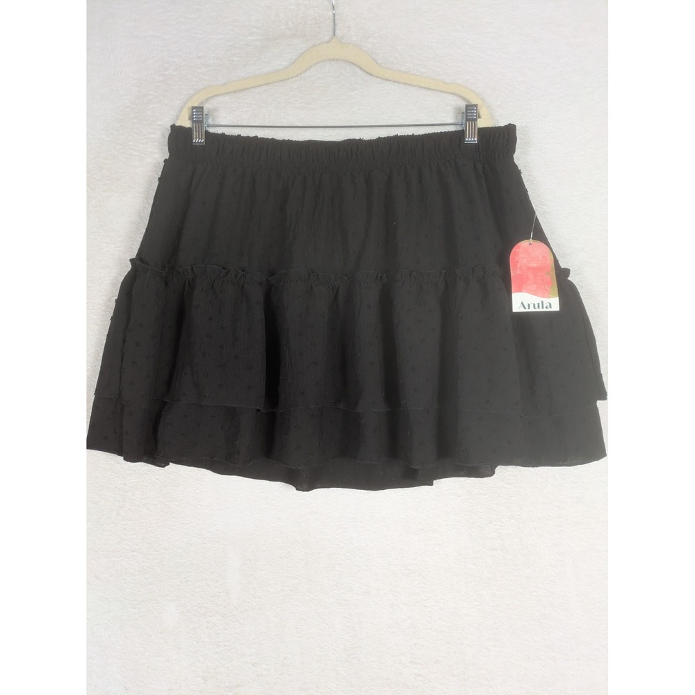 NEW Arula Skirt Women's 1X Black Tiered Ruffle Swiss Dot Mini Elastic Waist